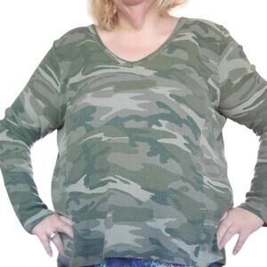 ANTHROPOLOGIE t.la Size XL Vicky Thermal Waffle Knit Top Camo Moss